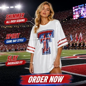 2026 New GAME DAY For TTU Women's White One Size Summer Polyester Loose Fit T-Shirt Sequin Jersey Sequin Tunic Top