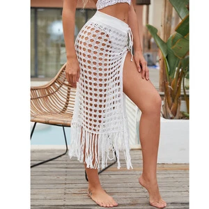 2023 Summer Hollow Out Slit Tassel Knit Beach Skirt Cover up