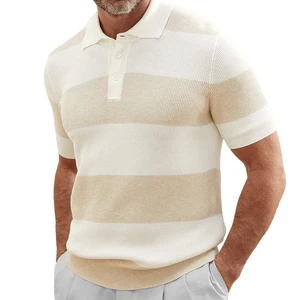 Summer Chunky Knit Pullover Knitwear Crochet Sweater Contrast Striped Knitted Polo Shirt Men