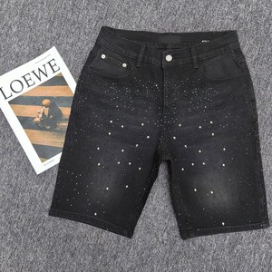 High Distressed Rhinestone Denim Shorts Gradient Printed Design PU Streetwear Denim Distressed Shorts