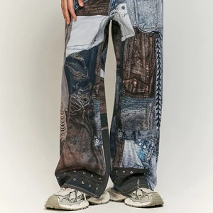 High Quality Men's Vintage Patchwork Design Patch Embroidery Metal Chain Denim Straight-leg Knitted Light Wash Jeans