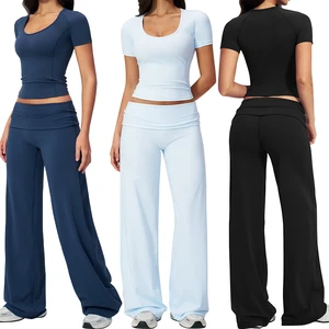 TZ5558-4 dimensional Struactural Line U Neck Short Sleeve Top Folded Waistband Beauty Hip Wide Leg Pants Causal Yoga Wear Set