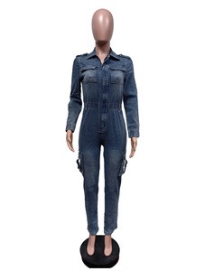 New Denim Pocket Overalls Fashion Stretch Pocket Wash Denim Jumpsuit Long Sleeve Zip up Denim Jumpsuit Women