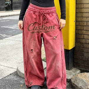 OEM Streetwear Vintage Custom Screen Printing Sweat Pants Distressed Acid Wash Flared Baggy Double Waisted Sweatpants Men
