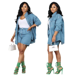 Women's Two Piece Denim Set Long Sleeve Button Down Shirt and High Waist Shorts Outfit Casual Jean Matching Sets