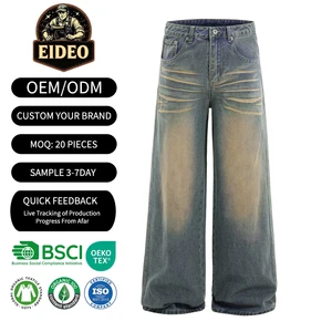 EIDEO OEM ODM Custom Eco High Street Vintage Mid Waist Washed Distressed Denim Pants Wide-leg Casual Straight Long Men's Jeans
