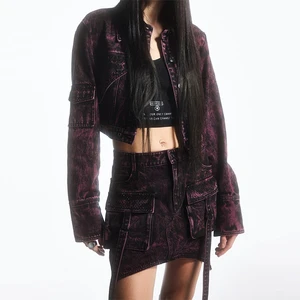 Manufacturer OEM Customized Female Black Purple Acid Washed Jean Jacket Suit Top With Pockets Denim Jacket Skirt Set for Women