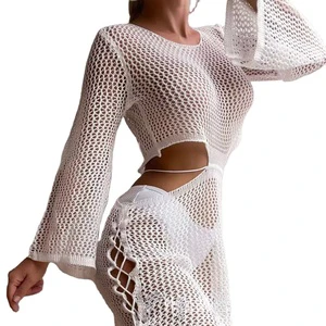 In-Stock Long Sleeve Hollow Out Beach Dress Women Crochet Beach Cover up Sunscreen Bikini Cover up