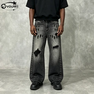 Designer Custom Logo Streetwear Denim Pants Straight Leg Crease Acid Wash All Diamonds Rhinestone Pearls Jeans for Men