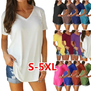Plus Size Women's Casual Short-sleeve T-shirt V-neck Breathable And Long In 13 Colors & 8 Sizes Loose Fit For Summer