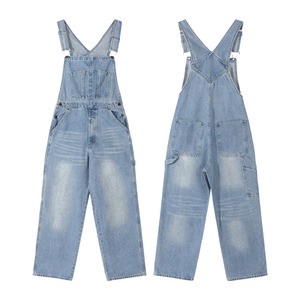 Vintage Sport Style Summer Casual Women's Denim Overalls High Waist Multi-pocket Design Webbing Details 100% Cotton Light Blue