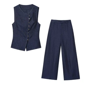 2025 Summer New Women's Commuter Slim-Fit All-Match Buckle Vest Loose Denim Pants Suit Casual Style Button Cross-Border Source