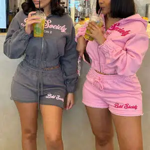 Custom Puff Print Zip Up Hoodie And Jogger 2 Piece Short Sets For Women Sun Faded Sweatsuit Cropped Cotton Women's Tracksuit