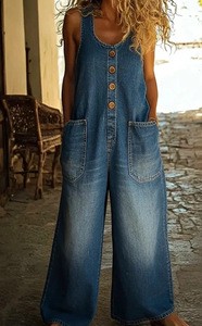 Women's Denim Overalls Sleeveless Button Front Wide Leg Jumpsuit with Pockets Casual Loose Fit
