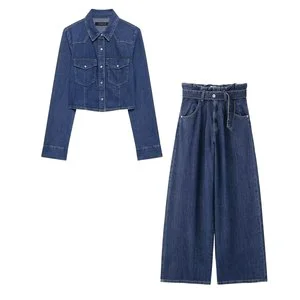 Cropped Jacket And Jeans Set Women Denim Set Shirt Trousers 2 Piece Casual