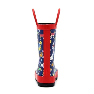 Navy All Over Cartoon Puppy Children Rubber Rain Boots Non Slip Thick Sole Dual Hand Pull Loops Soft Light Toddler Wellies