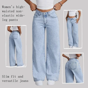YQ High Quality Women's Denim Jeans Blue Color Casual Street Wear Stylish Wide Leg Leopard Print Utility Hole Detail