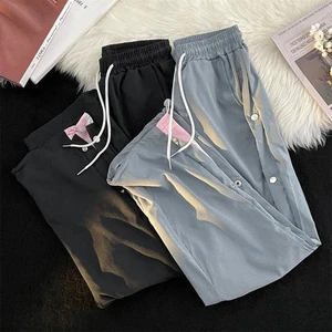 Casual Loose Harem Pant Side Button Decoration Pant Leg Elasticity Streetwear Drawstring Unisex Loose Casual Pant
