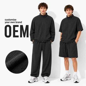 Custom Logo Men's Micro Checkered Tracksuit Set Textured Oversized Track Jacket And Joggers Set Streetwear Two Piece Set OEM