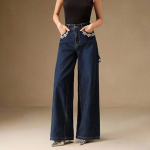 Custom Rhinestone Women's Jeans Dark Blue Embellished High Waist Ladies Denim Pants Wide Leg Streetwear