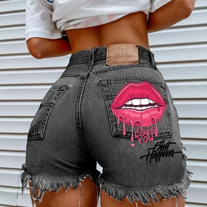 Womens Light Blue Denim Shorts Red Pink Lips Print Distressed Frayed Hem High Waist Casual Daily for Bulk Wholesale Summer Wear