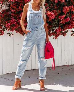 Fashionable Women's Baggy Ripped Long Jean Jumpsuit Casual Loose Light Blue Denim Overalls