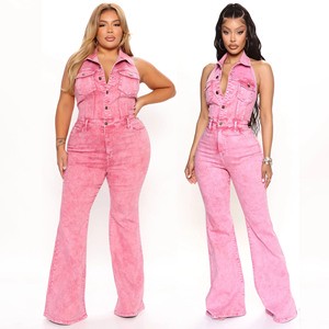 Autumn Sexy Backless Sleeveless Cargo Jeans Streetwear Skin Tight Halter Neck Luxury pink Woman Denim Jumpsuits for Fat Women