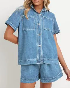 Custom Summer Denim Set for Women 2 Piece Short Sleeve Boxy Shirt Tops and Shorts Pants Lounge Sets Outfits Woman Jeans Suit