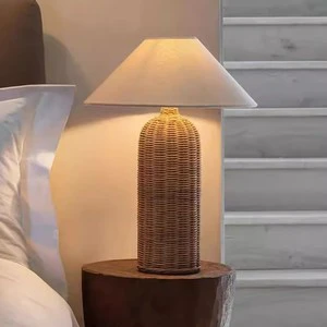 Vintage Retro Fabric Shade Desk Light Hotel Rattan Woven Atmosphere Lamp Wabi Sabi Rattan Bedside Table Lamp