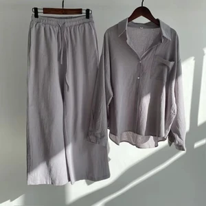 Women's 2-piece Set Retro Casual Plus Size Cotton Shirt and Long Pants Suits Elastic High Waist Straight Loose Trousers Suits