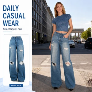 Glamorous Distressed Women's Jeans Trendy High Waist Wide Leg Denim Pants