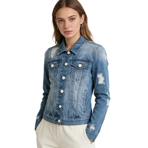 Customized Women's Autumn/Spring Washed Breathable Woven Denim Jacket with Turn-down Collar Frayed Button Front Newest Design