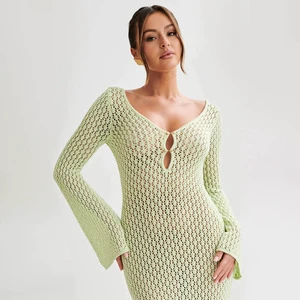 Plain Long Polyester Knitted Hollow Beach Cover Ups Solid Bikini Beach Swimsuit Cover Ups for Women