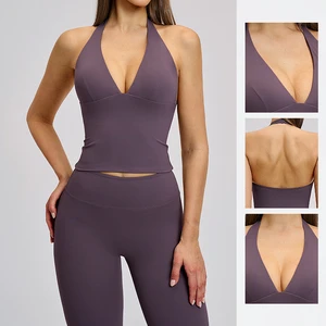 V-Neck European-Style Yoga Tank Top with Padded Cups High-Stretch Hollow-Back Outdoor Fitness Sports Tank Top for Women