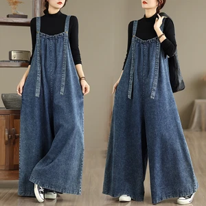 Spring Summer Autumn Elongated Jumpsuits Retro Loose Solid Casual Washed Denim Bibs With Button Plus Size