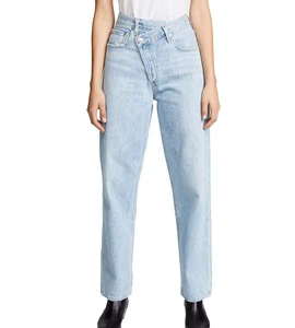 Latest Design Women Fashionable Straight Denim Pants Cross Waist Boy Friend Style Non Stretch Denim Trousers