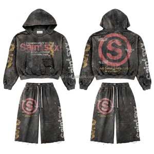 Custom LOGO Acid Washed Distressed Streetwear Sweatsuit For Men Plus Size Sweatshirts And Sweat Long Shorts Cotton Tracksuit Set