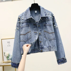 Autumn Fashion Women's Casual Punk Jean Denim Jacket Wholesale Supply with Pearl Beaded Classic Stand Collar Button Decoration
