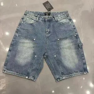 MIXED EMOTION Summer New Men's and Women's Trendy Embroidered Rivet Hip-hop Washed Denim Shorts