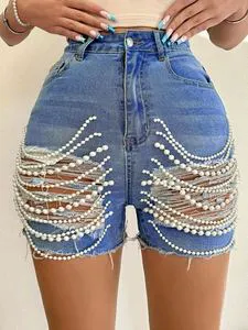 Latest Design Summer Hot Sale Women Pearl Decor With Holes High Waist Women Denim Shorts Jeans