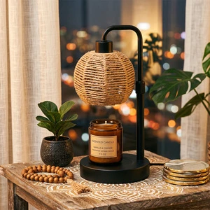 Minimalist Wabi Sabi Flameless Candle Warmer Handwoven Natural Rattan Ball Shade, Height Adjustable Matte Black Curved Arm Base