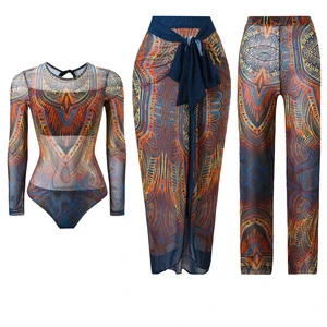 2026 STOCK 9Colors Print Women 3Pieces Swimwear Long Sleeve Mesh Swimsuit Beach Sarong Long Pant Set Plus Size Beachwear S-2XL