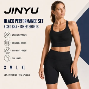 JINYU Wholesale Non-Toxic Yoga Set Women 2 Piece Seamless Sports Fixed Bra Padding Bra High Shorts Side Pocket Workout Gym Set