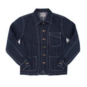 Men's Vintage Striped Denim Work Jacket Retro Wabash Stripe Chore Coat Casual Long Sleeve Button up