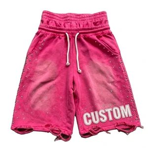 Custom Plus Size Baggy Jogger Rhinestones Rivets Short Men's French Terry Distressed Raw Hem Short Double Waistband Shorts
