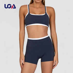 Color Blocking Custom Color High Waist Workout Set Fitness Women Double Layer Sports Bra Gym Leggings Striped Shorts Yoga Set