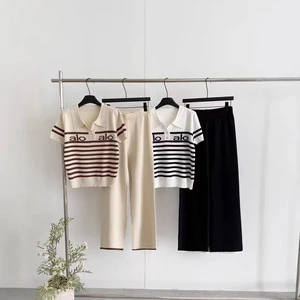 Cross-border 2026 Spring New Korean Casual Striped Loose Turn-down Collar Short Sleeve Knit Top Wide-Leg Pants Two-Piece Set