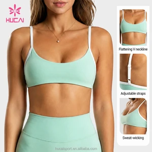 ODM HUCAI Custom Adjustable V Neck Contrast Trim Sports Bra Backless Double Strap Yoga Sports Bra For Gym Pilates All-Day Wear