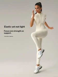 Short Sleeve Yoga Bodysuit With Half ZipUp Full Body Shaper Butt Lifting Breathable Unitard Romper Activewear Bodysuit For Women
