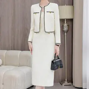 Custom Pure Polyester White Casual Autumn Solid Color Luxury 2 Piece V Neck Button Blazer Tweed Suit Midi Dress Set Women Cheap